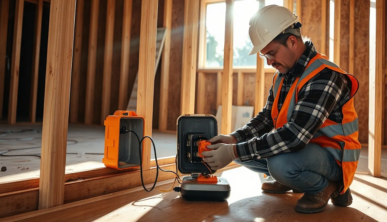 Construction worker connecting a GFCI adapter to temporary power on a jobsite