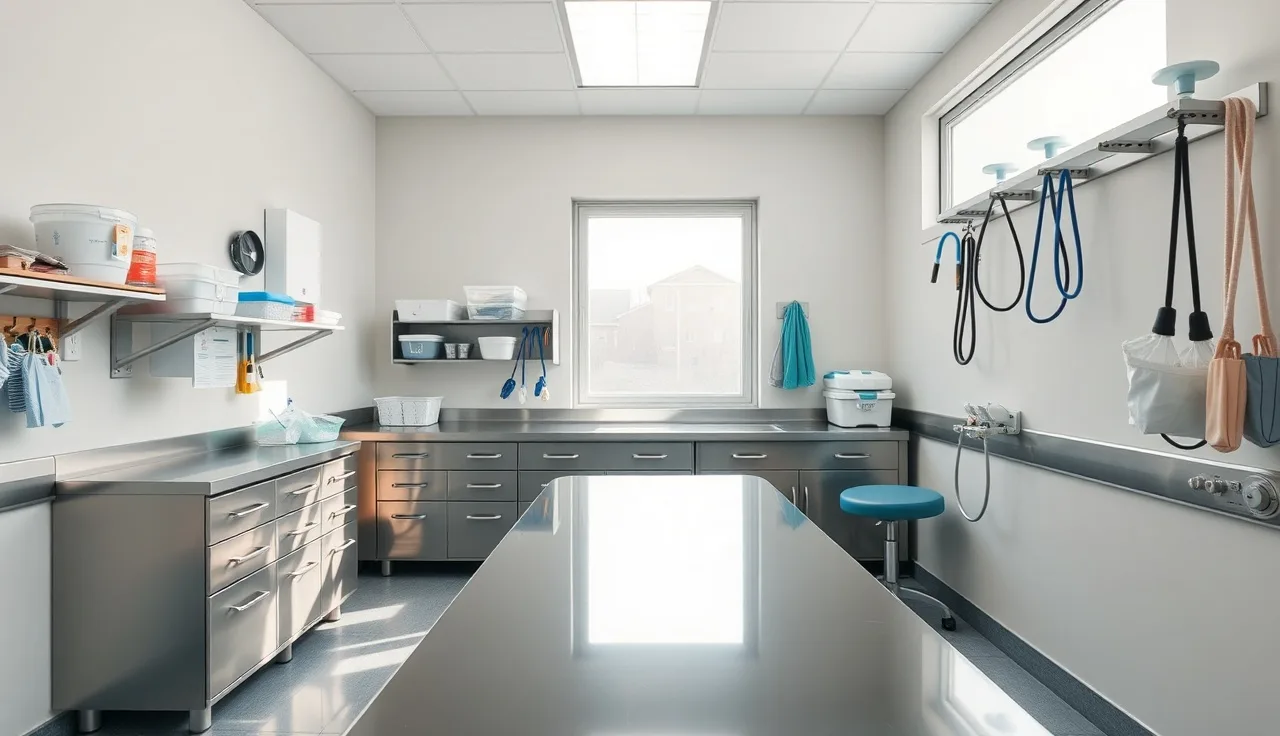 Organized veterinary examination room with PPE and supply storage ready for clinic operations