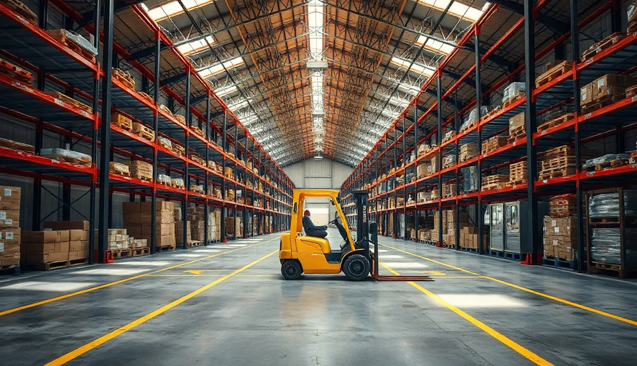 Warehouse interior with tall storage racks, yellow forklift parked in a marked aisle