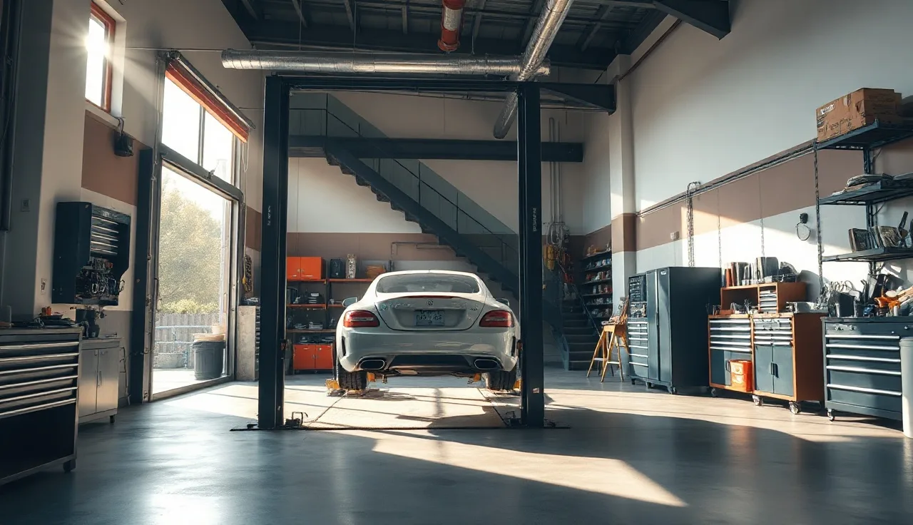 Auto repair shop bay with car on hydraulic lift under natural light
