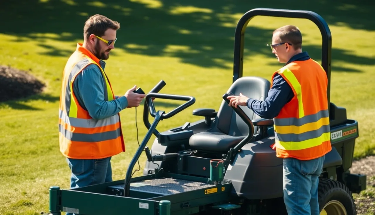 Two landscaping workers wearing PPE near a commercial mower on a green lawn