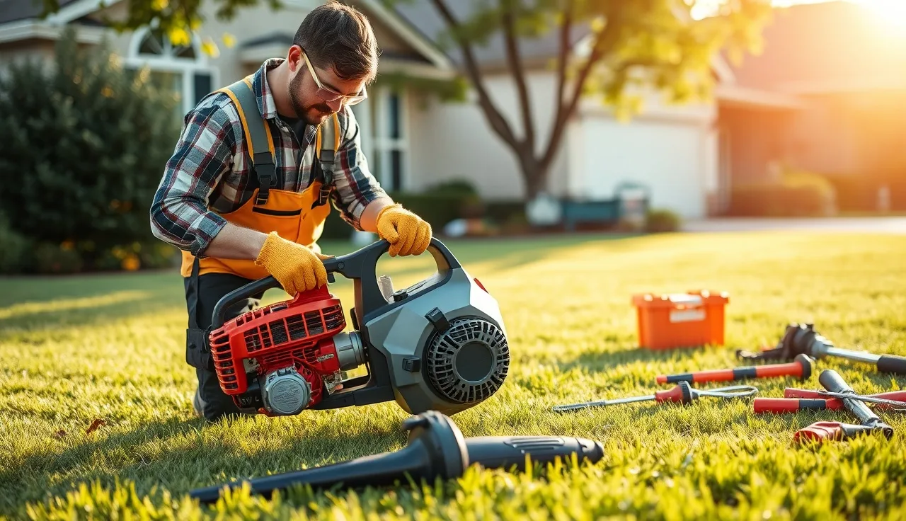 Landscaper in safety glasses checking equipment on a green lawn