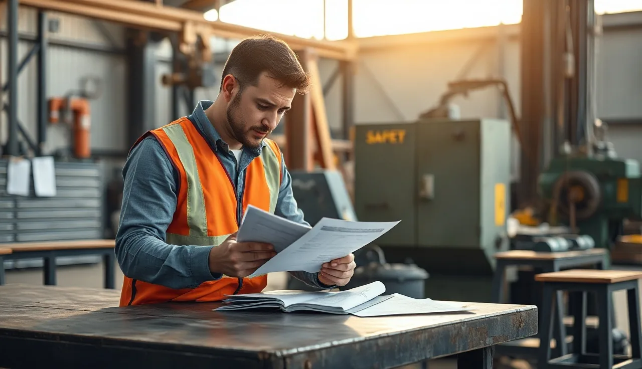 Safety manager reviewing abatement documentation at a metal fabrication workbench