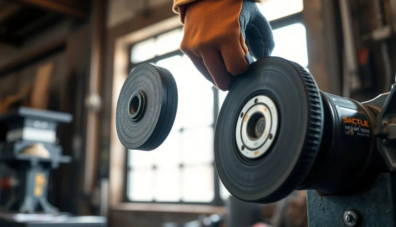 Worker performing ring test on abrasive grinding wheel before mounting in shop
