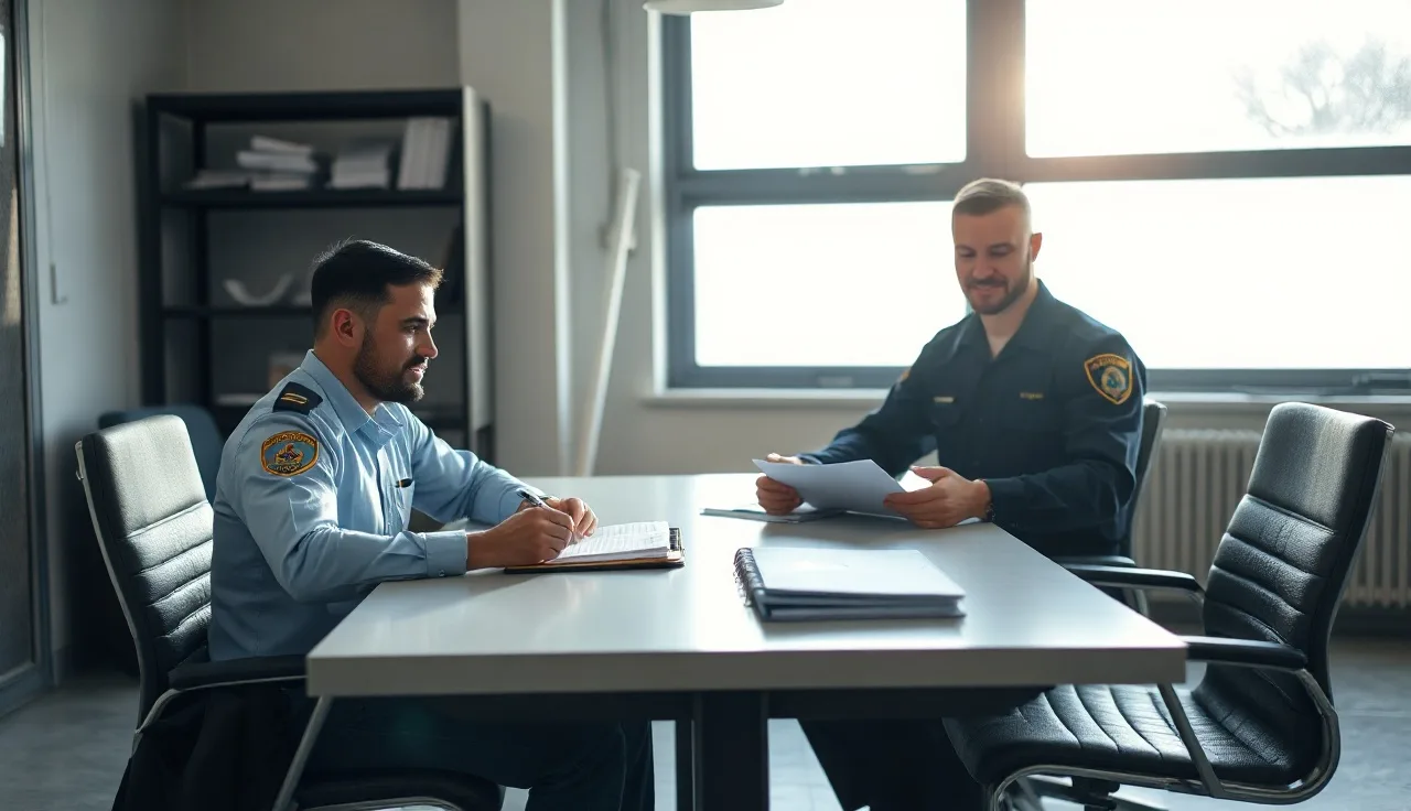 Business owner and safety compliance officer at closing conference table in industrial office