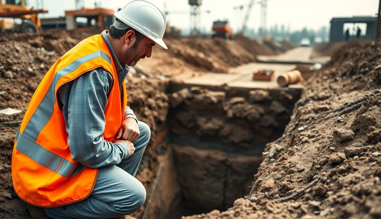 Foreman inspecting open trench walls on a construction site before work begins