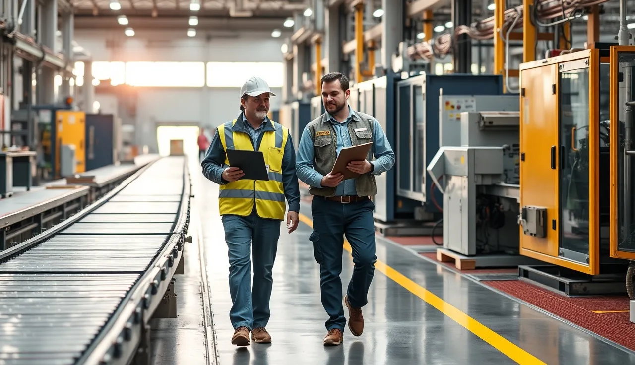 Safety officer and worker examining equipment during an OSHA inspection walkthrough