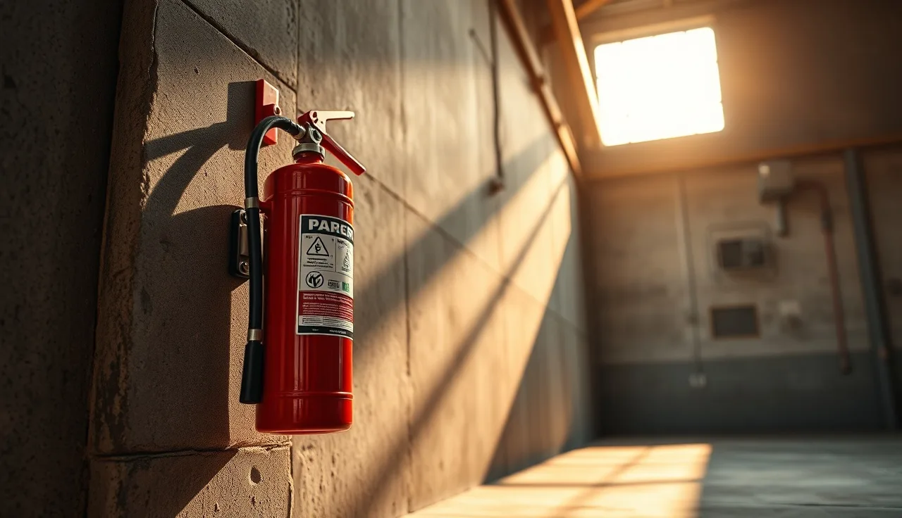 Red fire extinguisher mounted on concrete wall in industrial warehouse