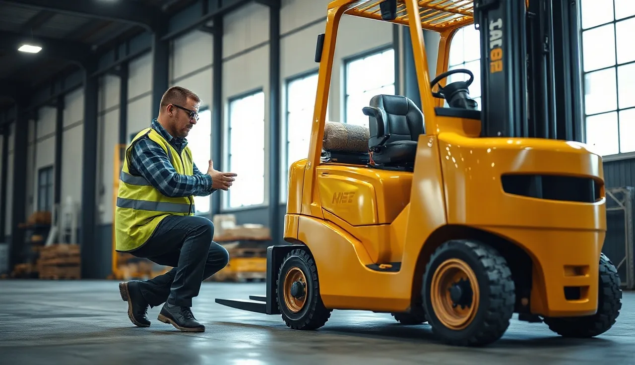 Worker inspecting forklift forks before shift in a warehouse
