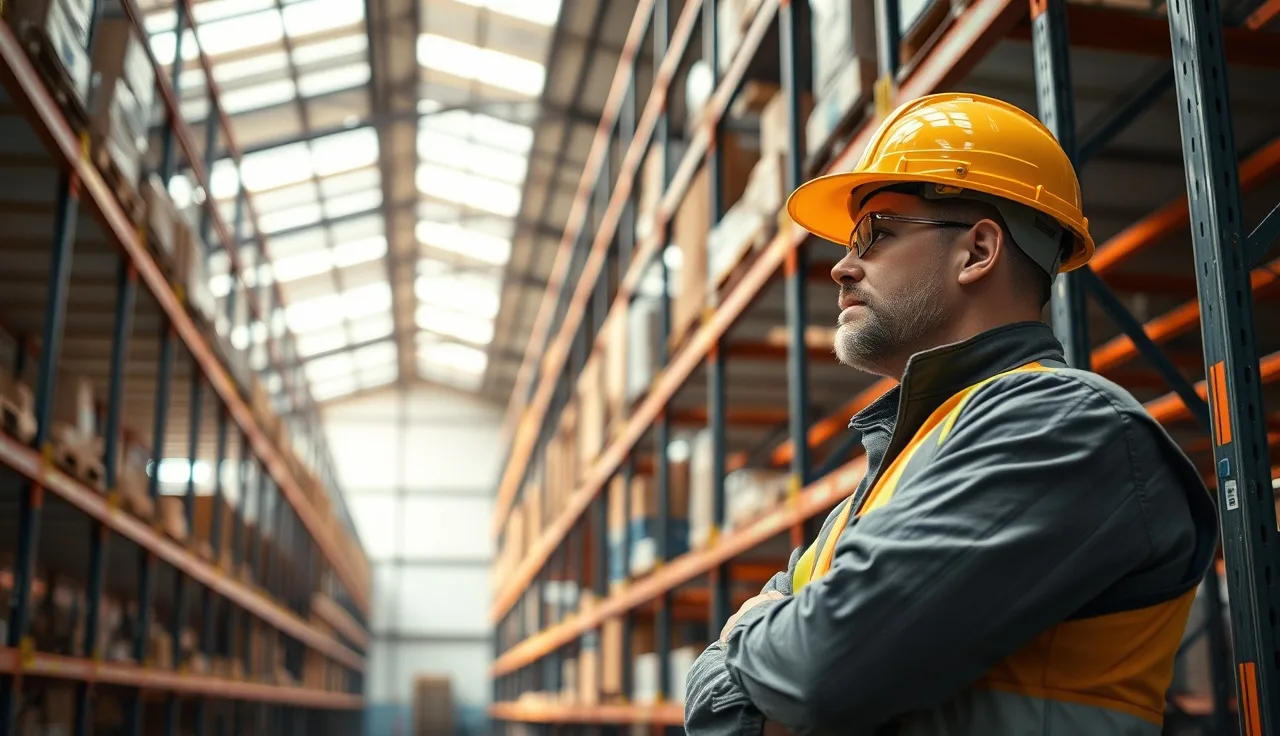 Warehouse supervisor inspecting shelving unit during a workplace safety walkthrough