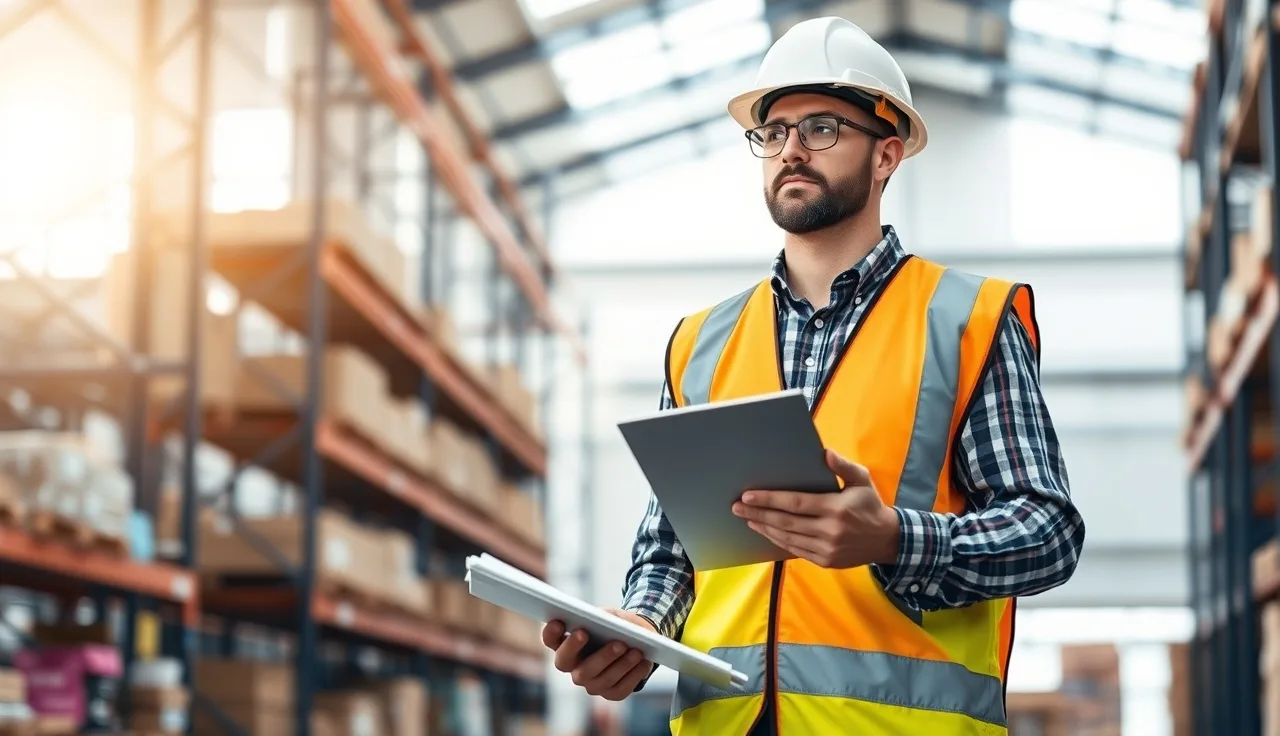 Safety manager inspecting a warehouse aisle with a clipboard and hard hat