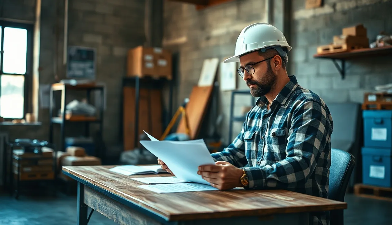 Small business owner reviewing OSHA citation papers at a warehouse desk