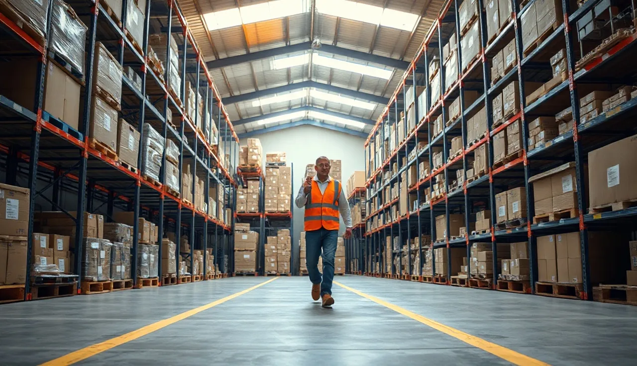 Worker in high-visibility vest inspecting warehouse aisle with pallet racking