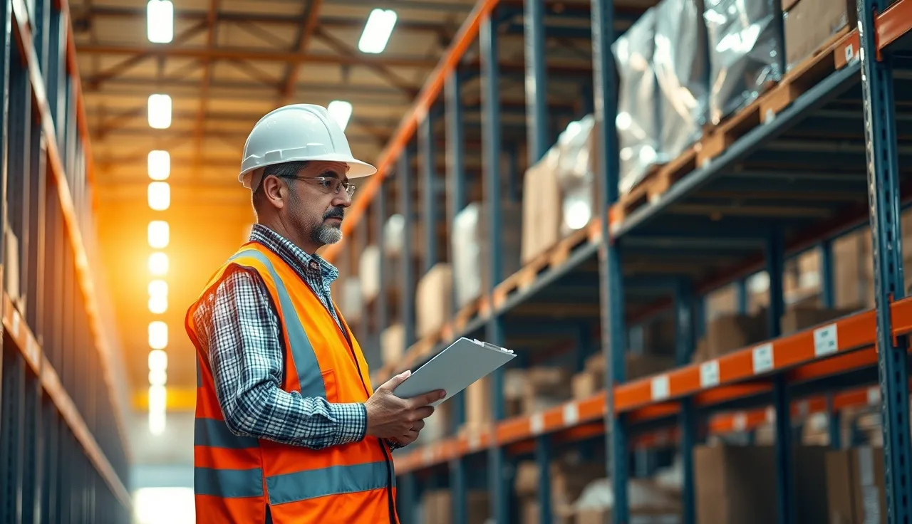 Safety inspector reviewing warehouse conditions during an OSHA inspection