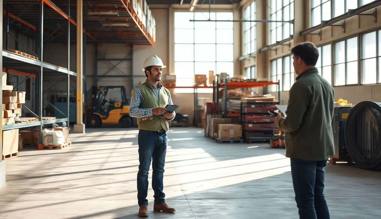 Worker speaking with an OSHA compliance officer during a workplace inspection walkthrough