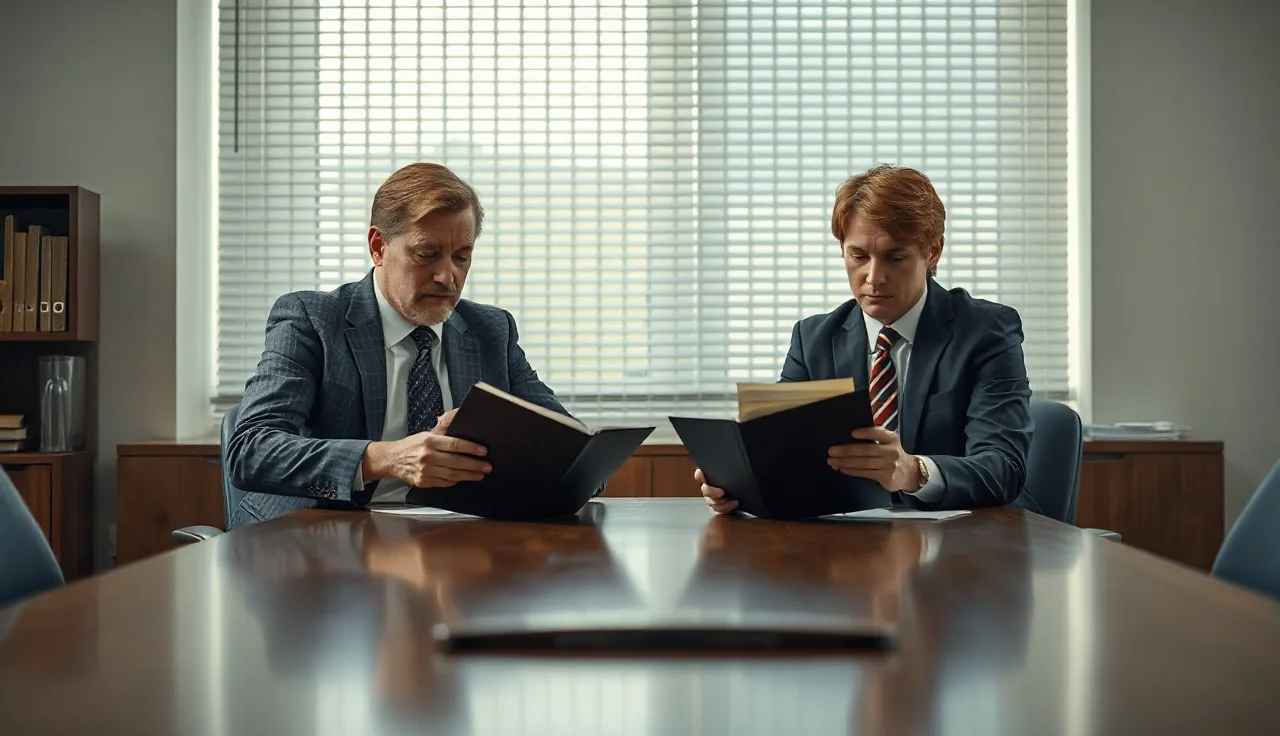 Business owner and official reviewing settlement documents at a conference table