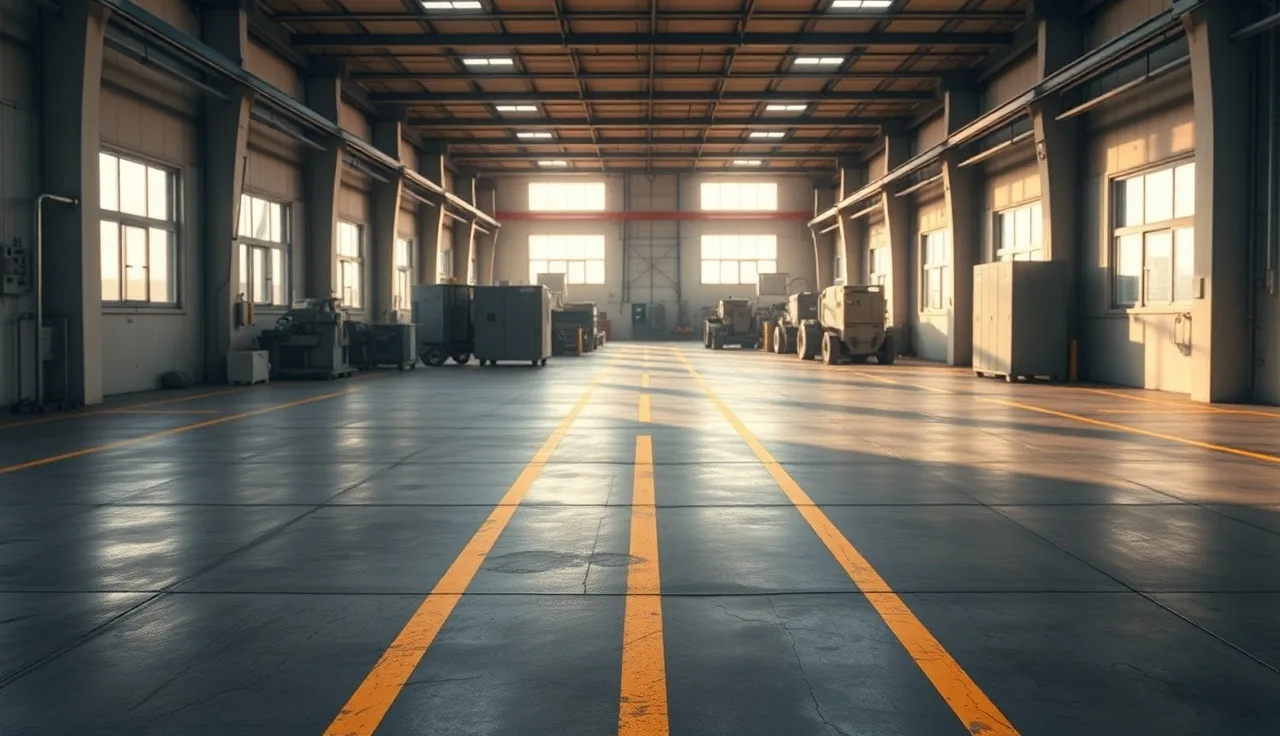 Empty manufacturing floor with safety lane markings before an OSHA inspection