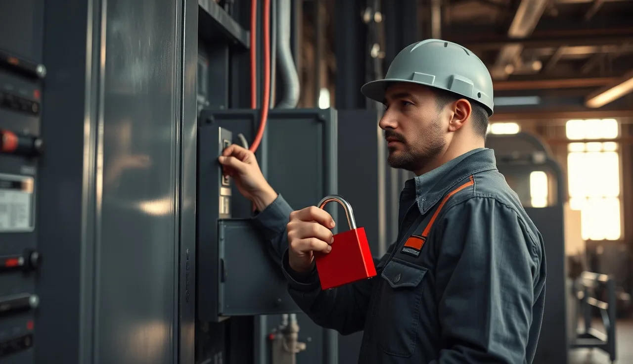 Maintenance worker placing a red lockout padlock on an electrical panel in a factory