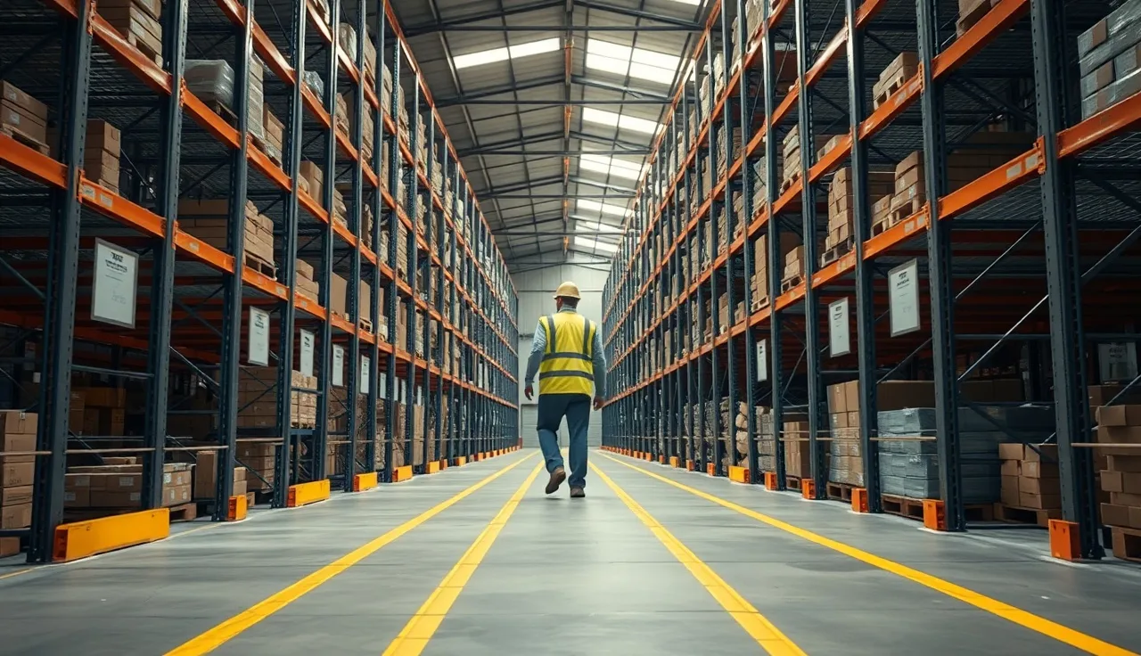 Worker in safety vest inspecting a warehouse aisle between tall metal storage racks