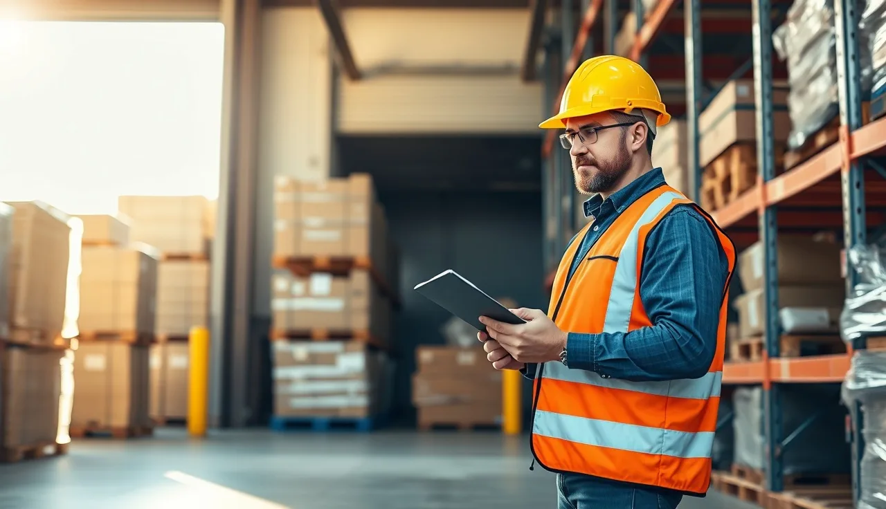 Warehouse supervisor reviewing safety checklist on loading dock in morning light