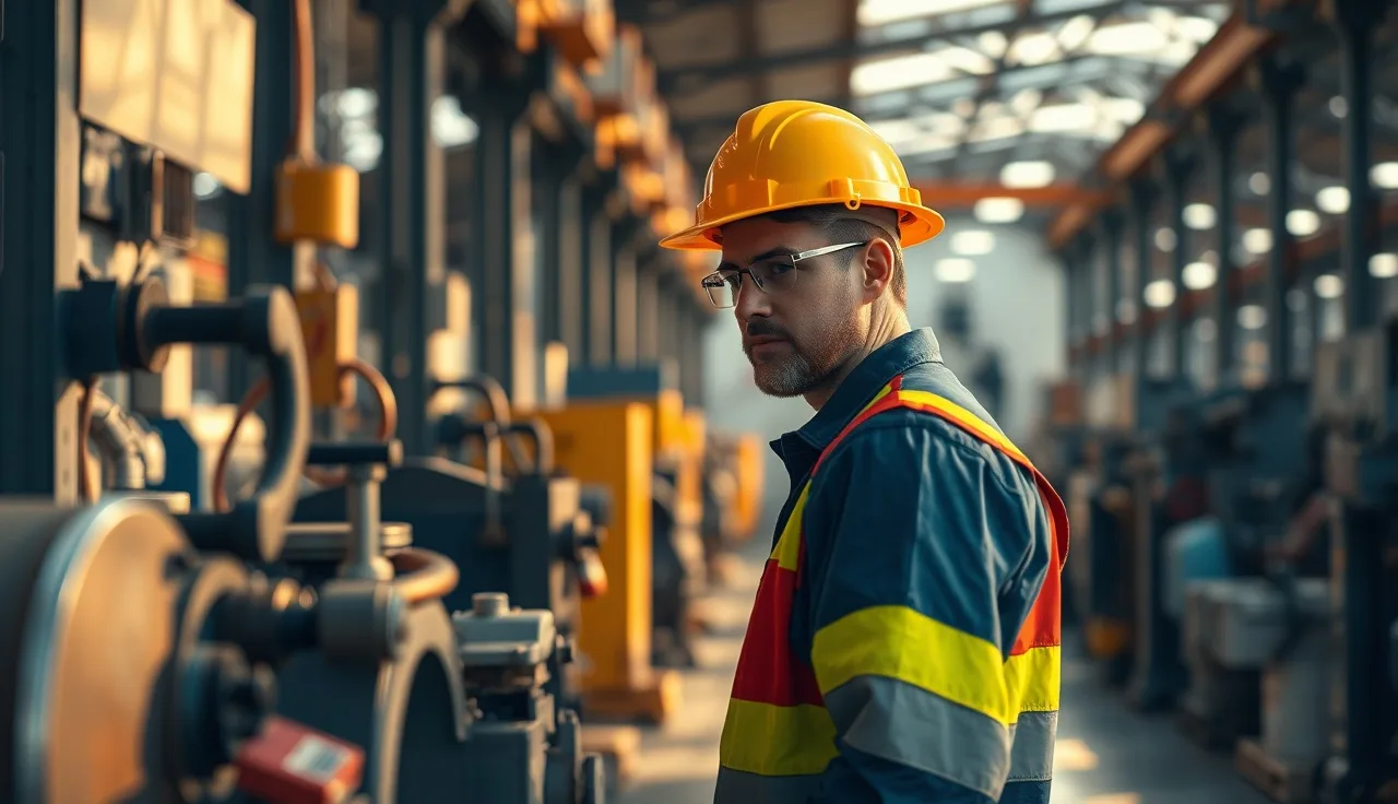 Warehouse worker in hard hat inspecting industrial machinery under general duty clause safety review