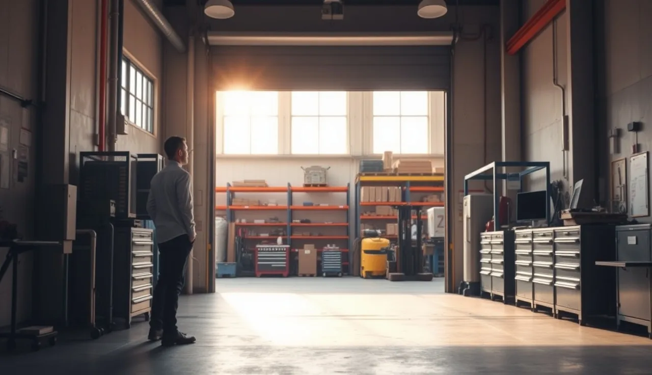 Small business owner standing at open warehouse entrance during an OSHA inspection