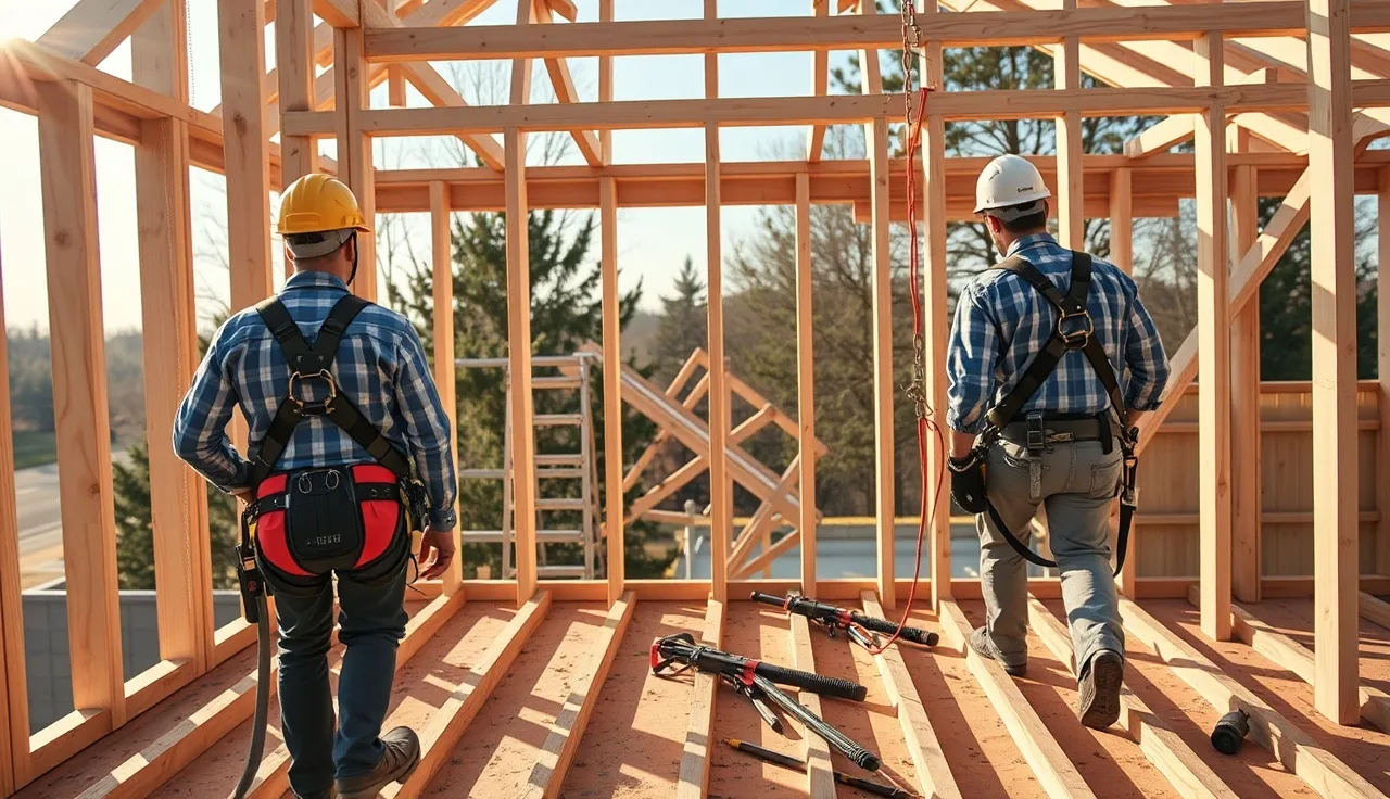 Two workers in harnesses secured on a residential roof framing during an OSHA falls inspection period