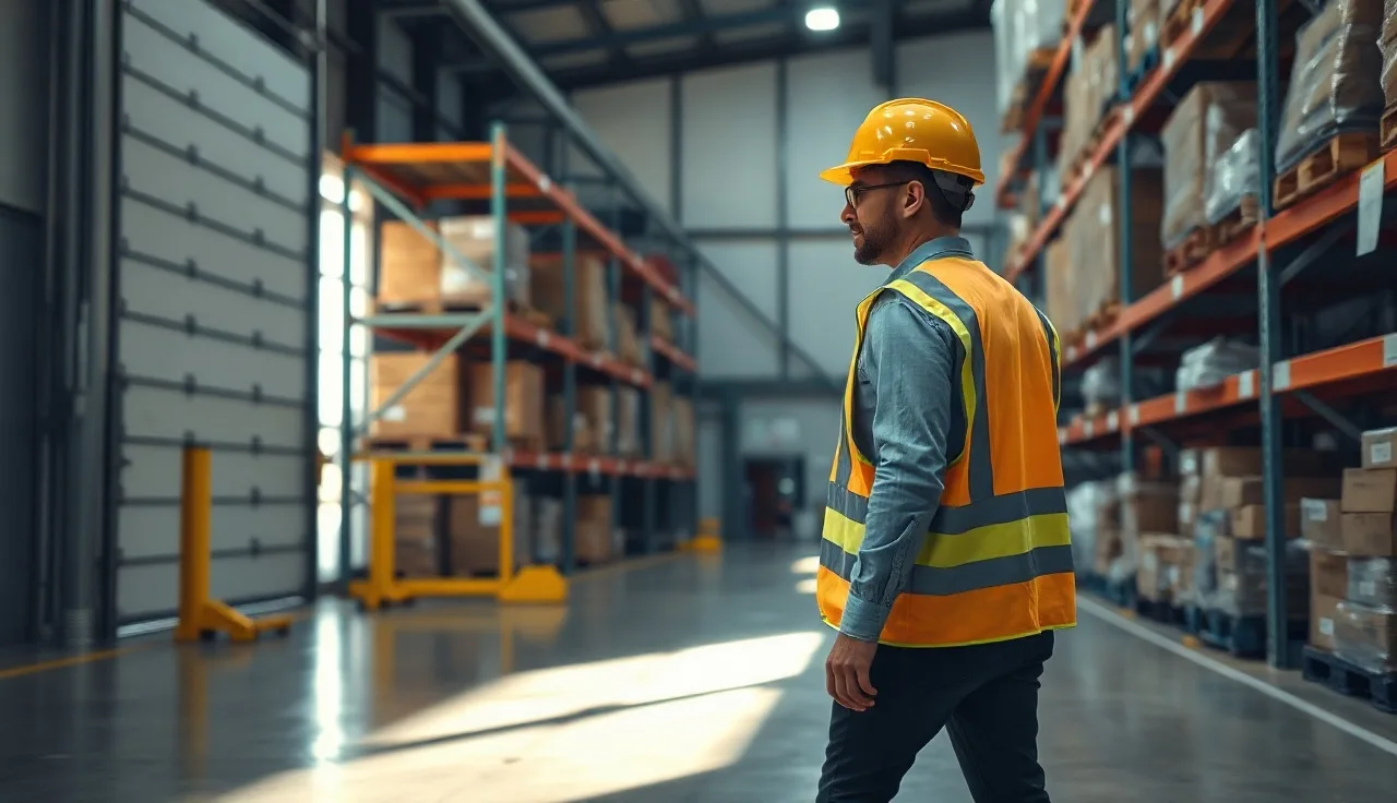 Safety officer inspecting warehouse floor near industrial shelving to prevent repeat OSHA violations