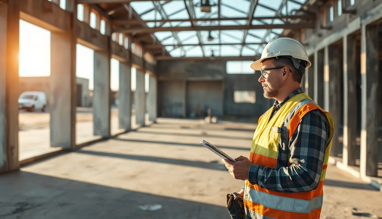 Construction supervisor reviewing documents on an active job site with safety hazards visible