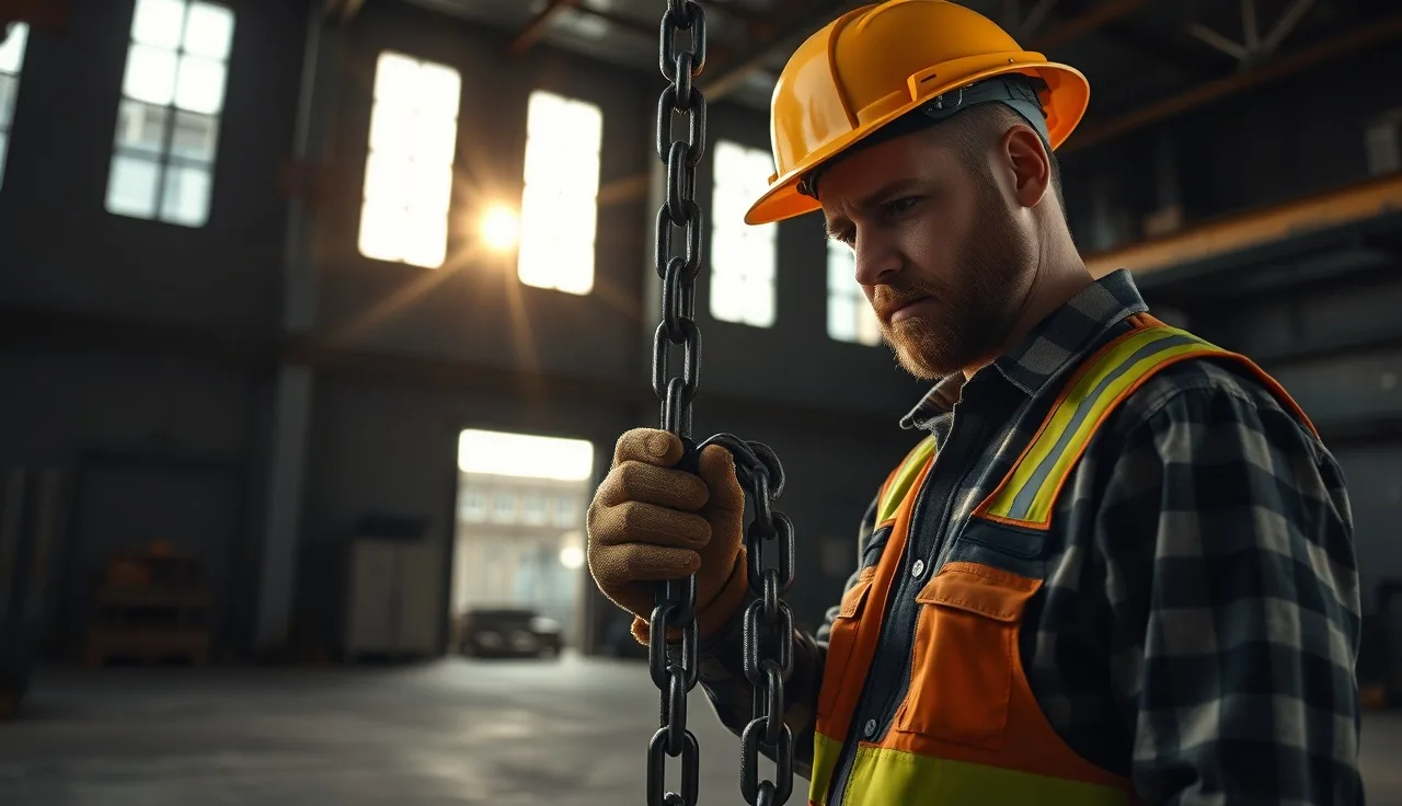 Rigger inspecting a chain sling in an industrial warehouse before a lift