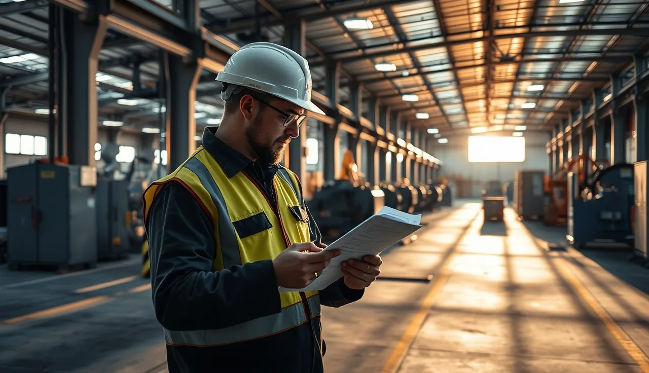 Supervisor reviewing safety checklist on factory floor near idle machinery