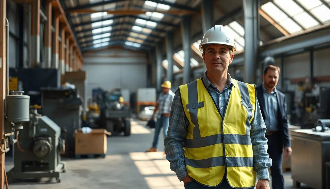 Safety inspector and small business owner walking through a manufacturing floor during an OSHA inspection
