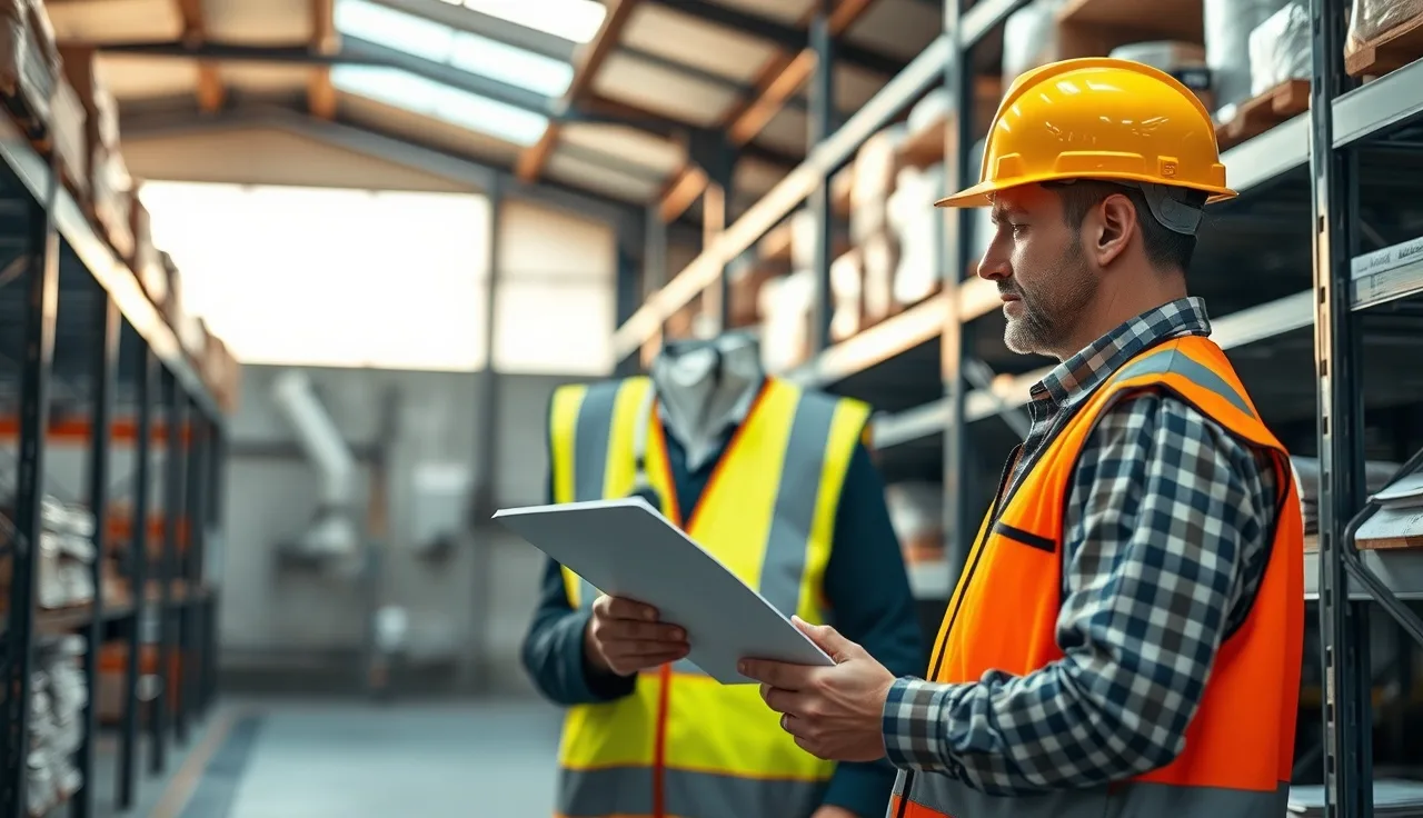 Safety manager in warehouse reviewing local emphasis program documents at shelving unit