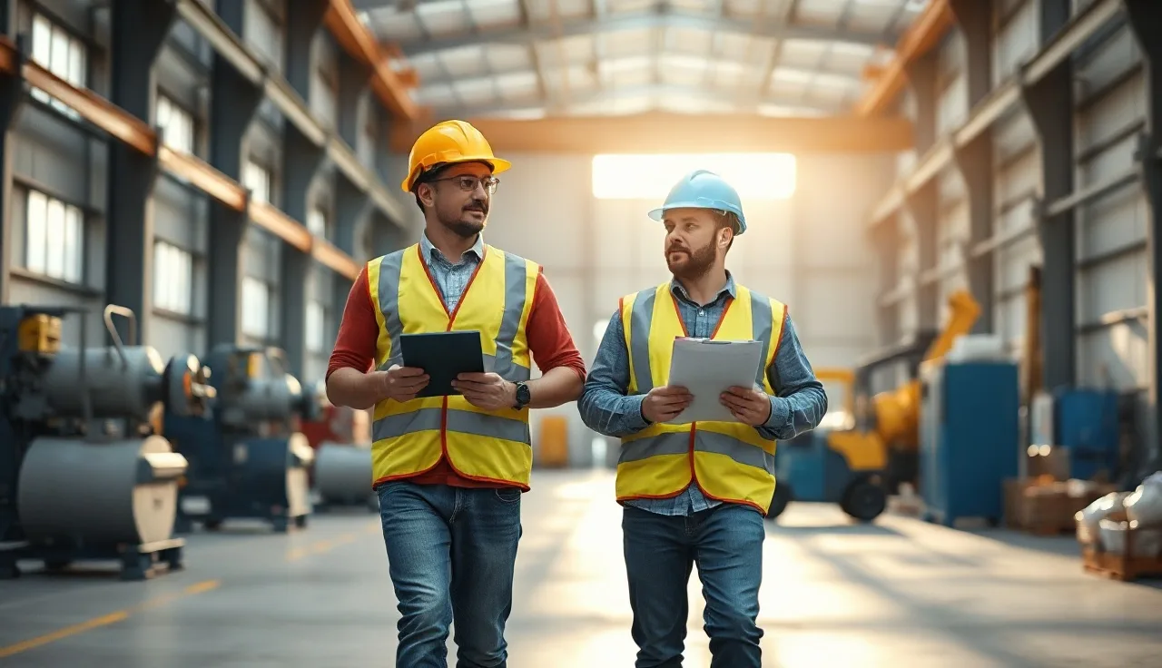 Two safety-vested workers conducting a workplace safety audit on a manufacturing floor