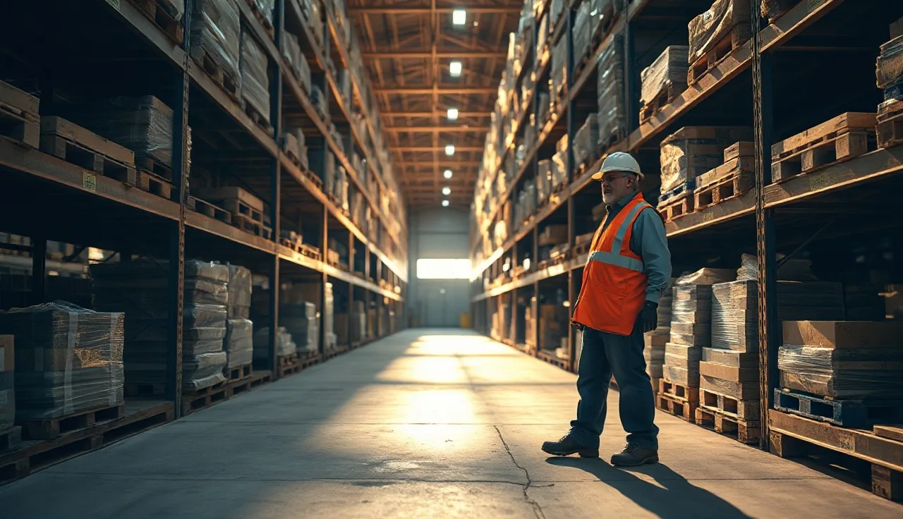 Warehouse worker in hard hat inspecting pallet rack aisle for workplace safety