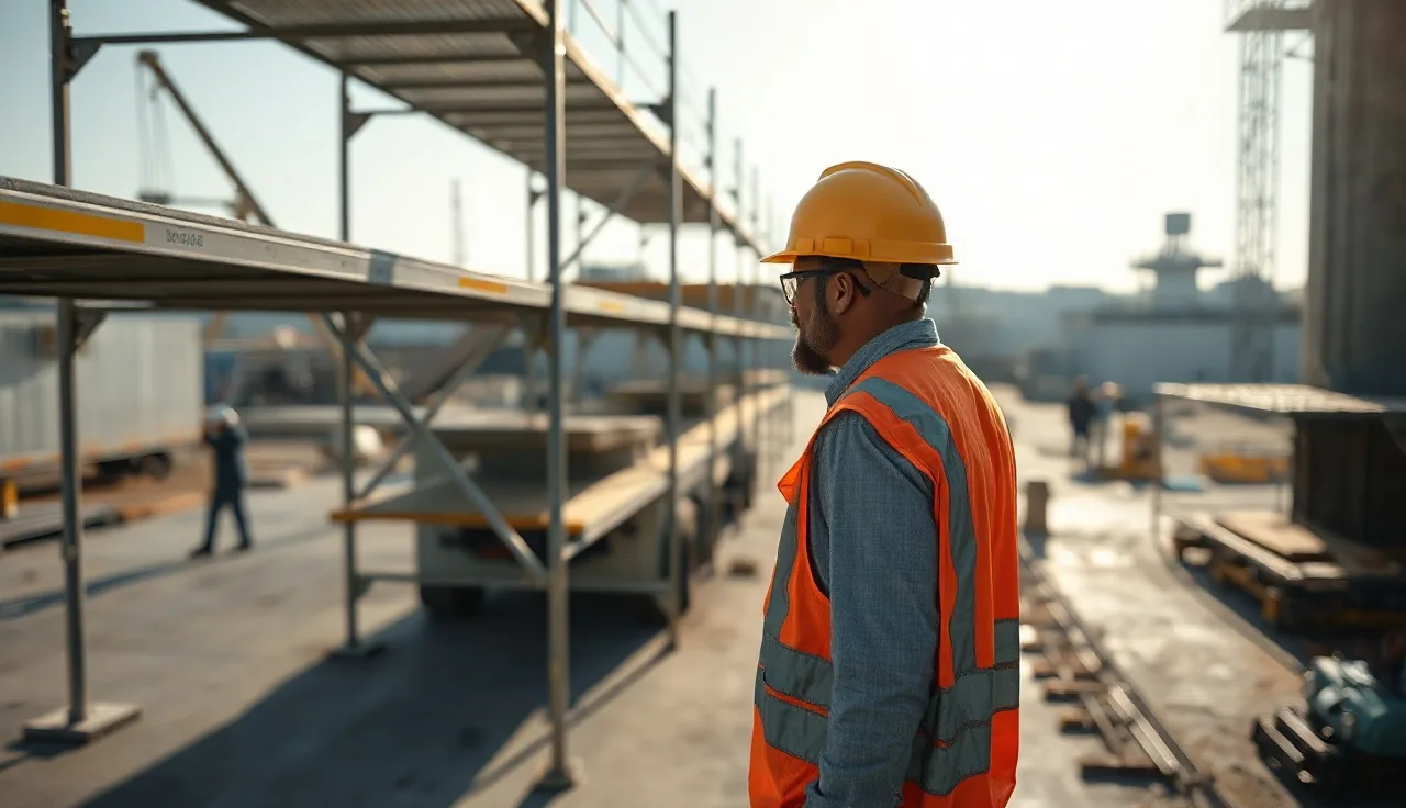 Construction worker in hard hat inspecting scaffolding at a worksite during an OSHA safety inspection