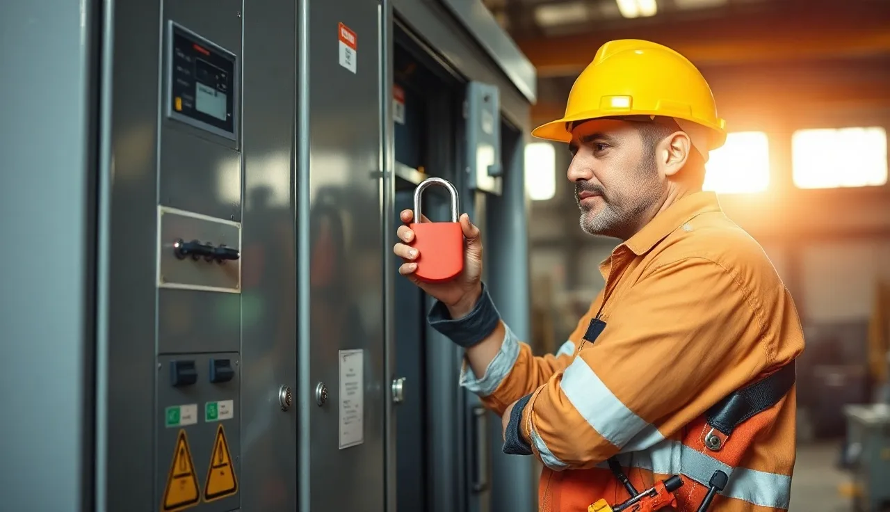 Maintenance worker applying a red lockout padlock to an electrical disconnect panel