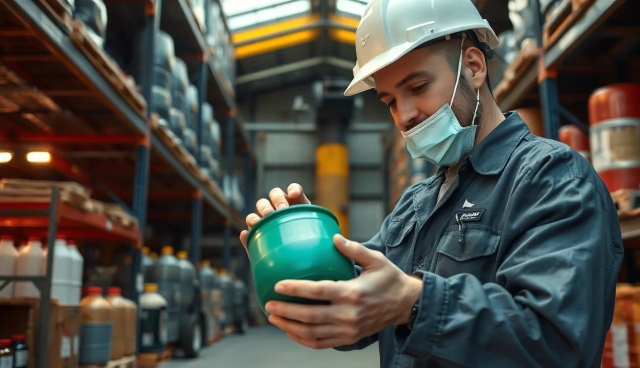 Worker examining a chemical container in an industrial storage room
