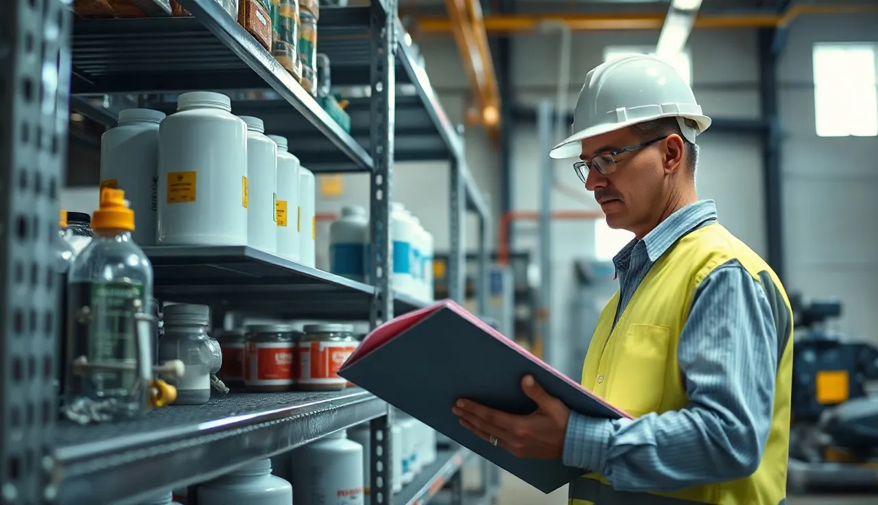 Worker reviewing safety data sheet binder near chemical storage shelves in a factory