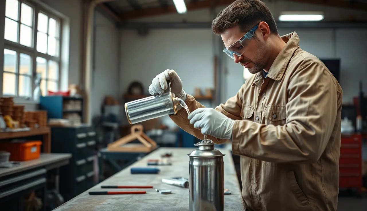 Technician pouring acetone solvent from safety can wearing protective gloves and goggles