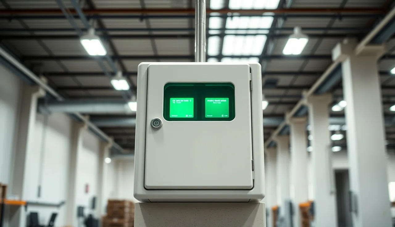 Wall-mounted AED cabinet with green indicator light in a workplace breakroom