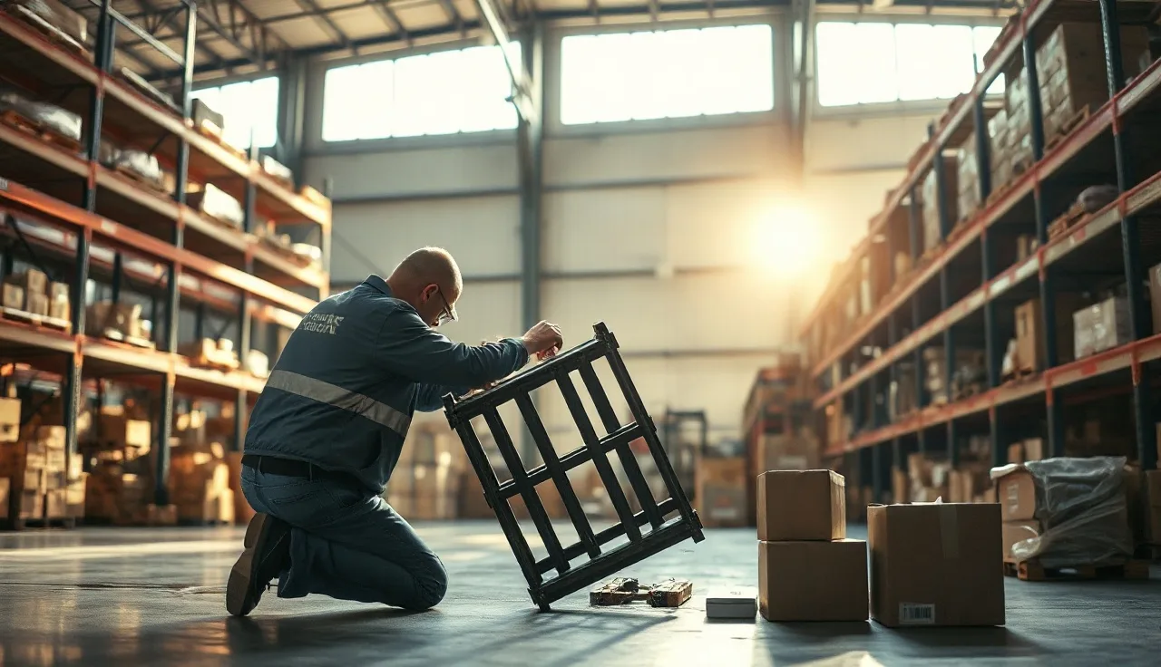 Warehouse supervisor examining the scene of a fallen shelf for incident investigation