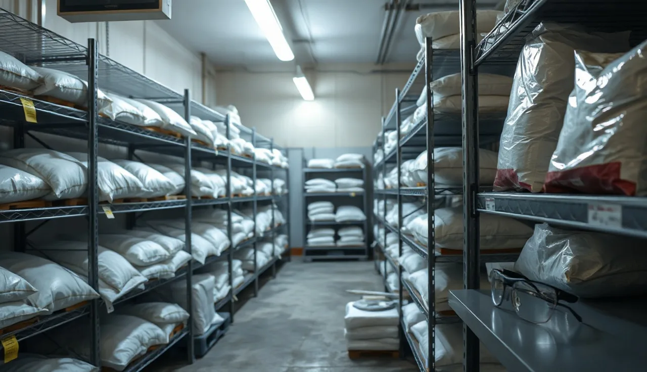 Bags of anhydrous sodium sulfate powder stacked on industrial metal shelving in a dry storage room