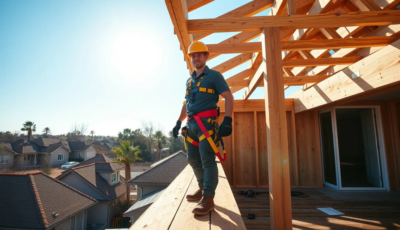 Construction worker in safety harness on a roof frame with fall protection attached