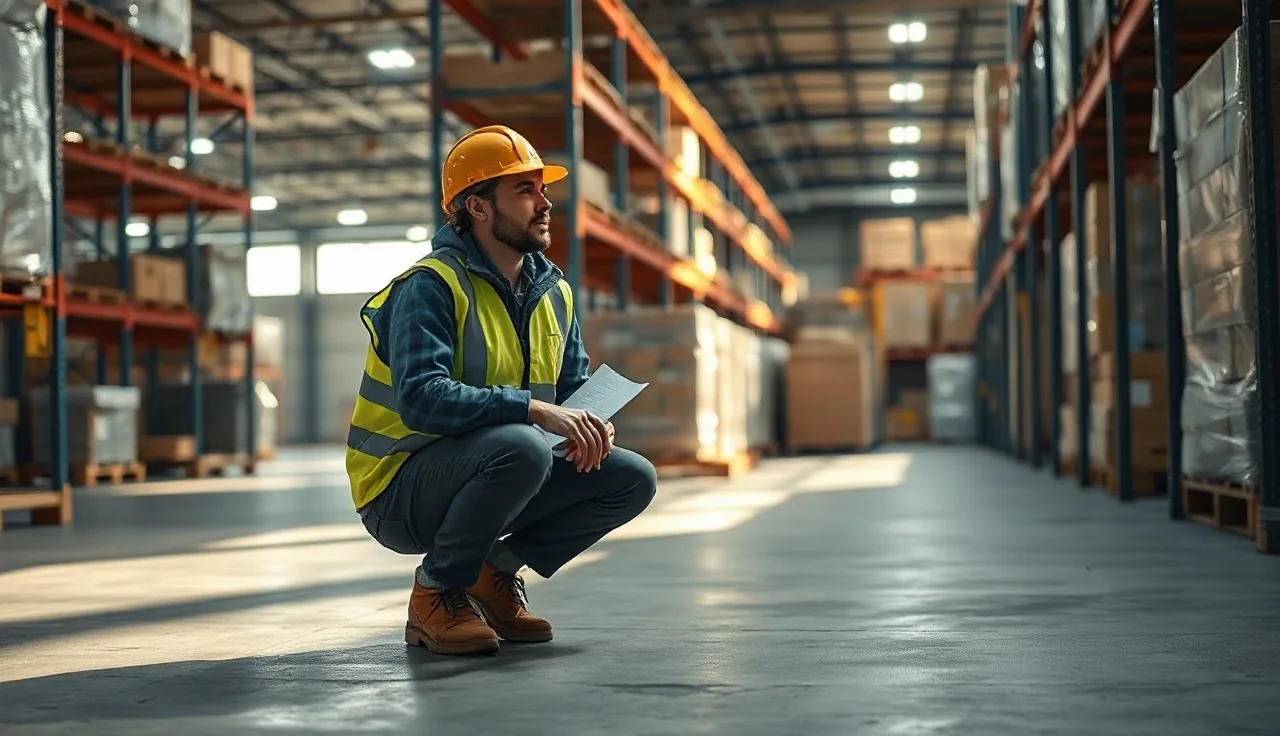 Warehouse worker in hard hat inspecting pallet rack during safety walkthrough