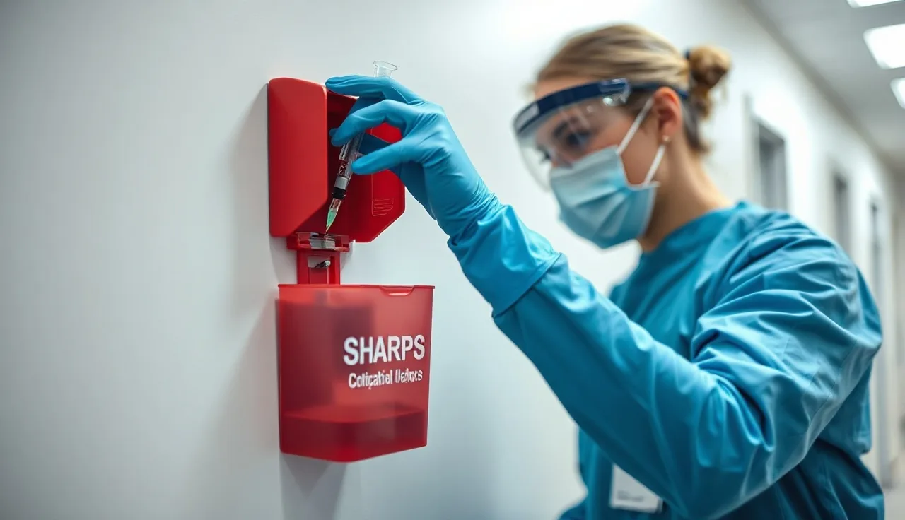 Healthcare worker in gloves disposing syringe into sharps container for bloodborne pathogen safety