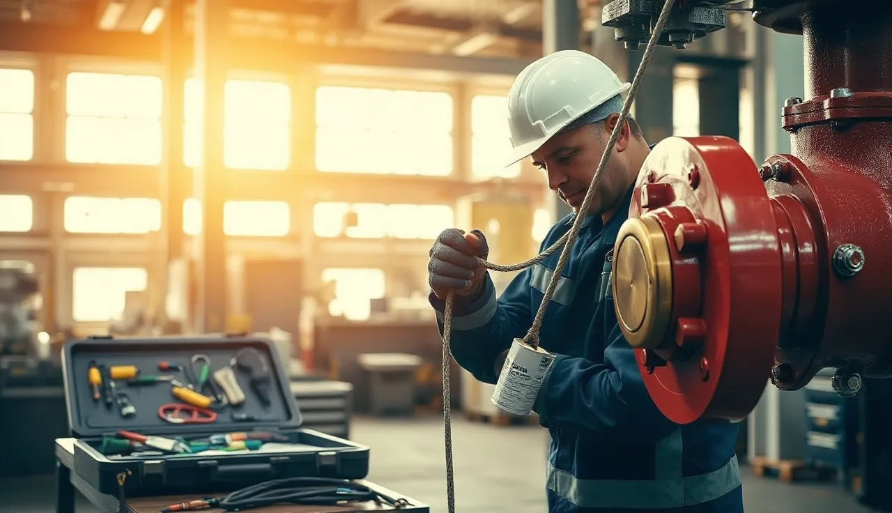 Worker applying a cable lockout tagout device to a large industrial valve wheel