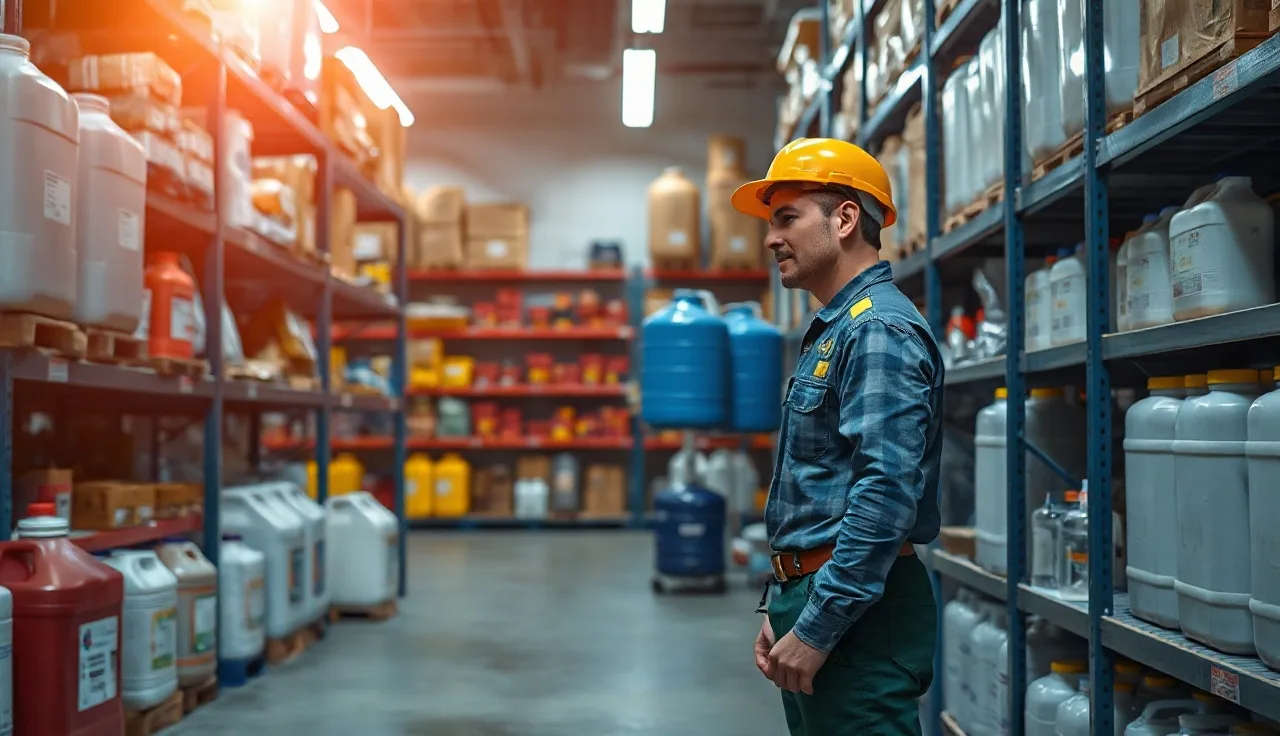 Worker reviewing chemical containers in organized industrial storage room