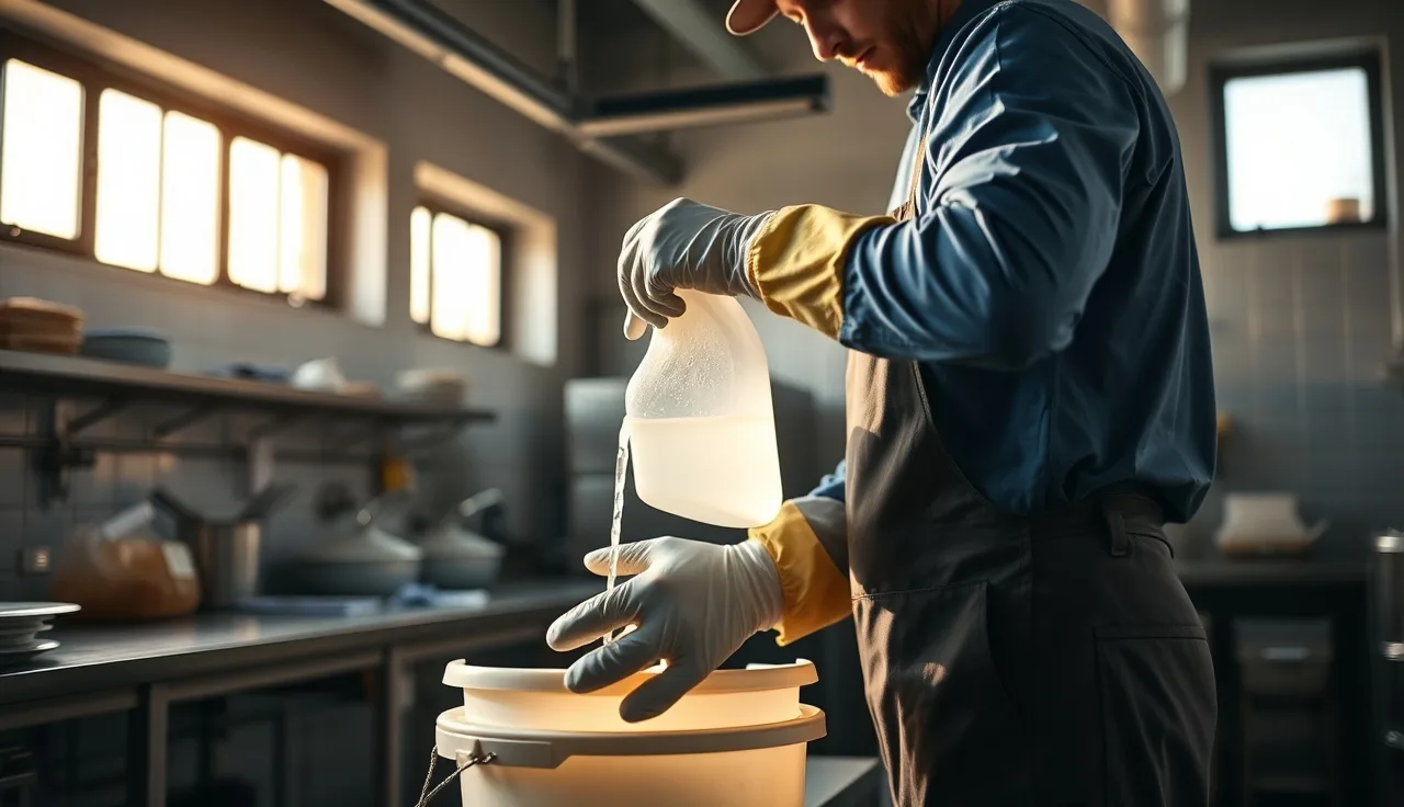 Gloved worker carefully pouring bleach into a cleaning bucket in a commercial kitchen