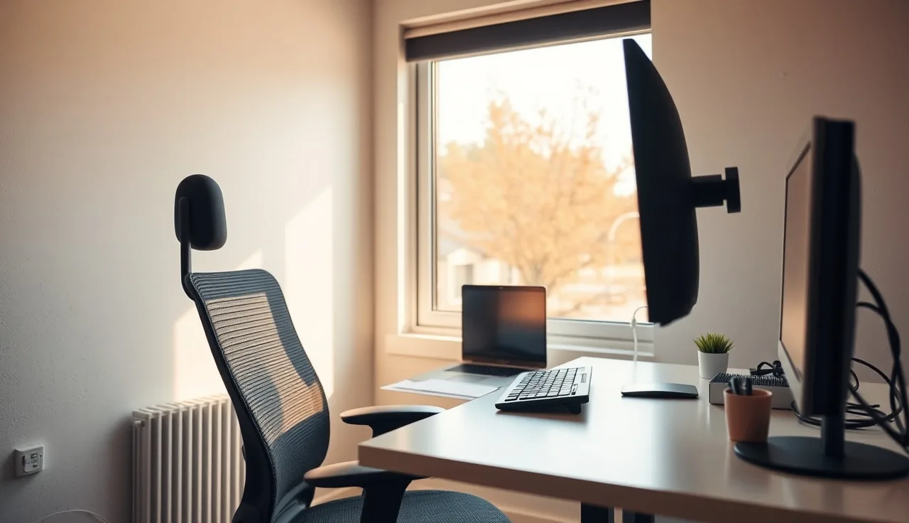 Ergonomically adjusted computer workstation in a small office with natural light